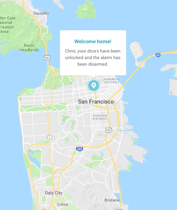 screenshot of a map of san francisco showing how abode's DIY Home Security System has recognized the user's location and unlocked his doors
