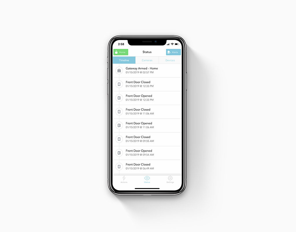 The abode app's timeline on an iPhone X showing you can monitor and control your home security with your cell phone